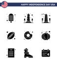 Modern Set of 9 Solid Glyphs and symbols on USA Independence Day such as pumpkin; food; ball; yummy; donut