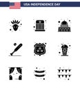 Modern Set of 9 Solid Glyphs and symbols on USA Independence Day such as security; usa; madison; sports; baseball