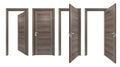 Modern set of solid wooden doors with high resolution grey oak texture. 3D rendering of minimalist style brown wood closed, open