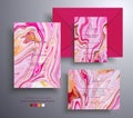 Modern set of wedding invitations with stone pattern. Agate vector cards with marble effect and swirling paints, red