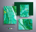 Modern set of wedding invitations with stone pattern. Mineral vector cards with marble effect and swirling paints, green