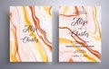 Modern set of wedding invitations with stone texture. Agate vector cards with marble effect and swirling paints, brown Royalty Free Stock Photo