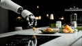 In a modern setting, a robot hand is making soup by tossing the vegetables into boiling water. Royalty Free Stock Photo