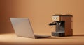 A modern setup featuring a sleek, silver laptop and a compact espresso machine Royalty Free Stock Photo