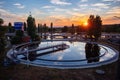 Modern sewage treatment plant. Wastewater purification tanks at sunset, aerial view Royalty Free Stock Photo