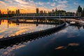 Modern sewage treatment plant. Round wastewater purification tanks at sunset Royalty Free Stock Photo