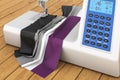 Sewing machine with asexuality flag on the wooden table. 3D rendering