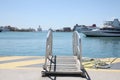 Modern ship gangway on pier in seaport