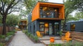 Modern shipping container homes, tree-lined path, urban backyard Royalty Free Stock Photo