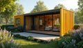 Modern shipping container house combines functionality, eco-consciousness. Tiny house features innovative sustainable Royalty Free Stock Photo