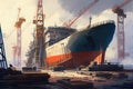 modern shipyard, with cranes and vessels under construction