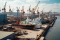 modern shipyard filled with a variety of ships in different stages of construction