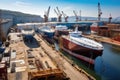 modern shipyard filled with a variety of ships in different stages of construction