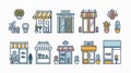 Professional Shop Open Outline Icons Vector Illustration