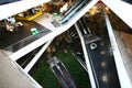 Modern shopping mall indoor atrium in irregular shape with overlapping walkways and crisscrossing escalators. Royalty Free Stock Photo