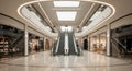 Modern Shopping Mall Interior with Escalators, Shops, and Bright Lighting architecture Royalty Free Stock Photo