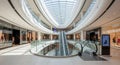 Modern Shopping Mall Interior with Escalators and Storefronts retail commercial Royalty Free Stock Photo