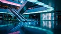 Modern shopping mall interior with illuminated escalators and reflective floor Royalty Free Stock Photo