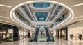 Interior of a Modern Shopping Mall with Escalators and Storefronts image Royalty Free Stock Photo
