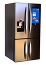 Modern side by side Stainless Steel Smart Refrigerator touch screen. Isolated on a White Background