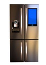 Modern side by side Stainless Steel Smart Refrigerator touch screen. Copy Space, front view. Isolated on a White Background