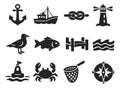 Modern silhouette nautical icon set featuring marine and fishing objects for travel and navigation Royalty Free Stock Photo