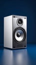 Modern silver audio speaker with black and white cone against a deep blue background Royalty Free Stock Photo