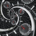 Modern silver black fashion clock watch red clock hands twisted to surreal time spiral. Surrealism clock black clock watch abstrac Royalty Free Stock Photo