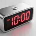 Modern Silver Digital Alarm Clock Displaying 10:00 AM in Red LED Lights on White Surface Royalty Free Stock Photo