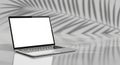 Modern Silver Laptop with Blank White Screen and Palm Leaf Shadows computer technology Royalty Free Stock Photo