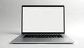 Modern silver laptop with blank white screen sits on light studio background. Clean tech device offers large copy space for Royalty Free Stock Photo