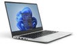 Modern silver laptop displaying Windows 11 operating system on a white background computer Royalty Free Stock Photo