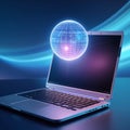 Laptop with glowing holographic globe displaying network connections computer technology Royalty Free Stock Photo