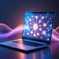 Laptop displaying glowing network connections with abstract light trails technology Royalty Free Stock Photo