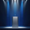 Modern silver lectern with microphone waits on empty stage. Bright spotlights illuminate platform against dark blue background. Royalty Free Stock Photo