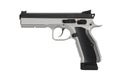 Modern silver semi-automatic pistol. A short-barreled weapon for self-defense. A small weapon for concealed carry. Isolate on a