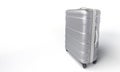 Modern silver suitcase standing on white background Royalty Free Stock Photo