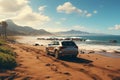 Modern silver SUV car rides on the sands of the seashore, rear view Royalty Free Stock Photo