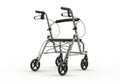 A silver four wheeled walker with a seat and handles isolated on white background Royalty Free Stock Photo