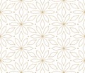 Modern simple geometric vector seamless pattern with gold flowers, line texture on white background. Light abstract Royalty Free Stock Photo