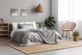 Modern simple Nordic Bedroom with Gray Linen Bedding and Woven Rug, AI Generative