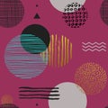 Modern simple seamless pattern with geometric figures and lines of various colors and textures on pink background