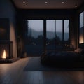 Modern Simple Style Dark Neutral Color Bedroom Stone Fireplace Large Windows With View Night Scene Led Spot Lights Generative Ai Royalty Free Stock Photo