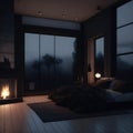 Modern Simple Style Dark Neutral Color Bedroom Stone Fireplace Large Windows With View Night Scene Led Spot Lights Generative Ai Royalty Free Stock Photo