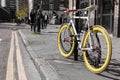 Modern single gear bycicle with yellow tyres Royalty Free Stock Photo