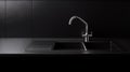 Modern sink on black kitchen counter. Dark contemporary kitchen tabletop empty space. generative ai