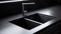 Modern sink on black kitchen counter. Dark contemporary kitchen tabletop empty space. generative ai