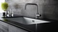 Modern sink on black kitchen counter. Dark contemporary kitchen tabletop empty space. generative ai