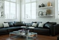 Modern skandinavian interior design living room with black leather couch