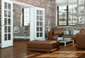 Modern skandinavian interior design living room with stone wall